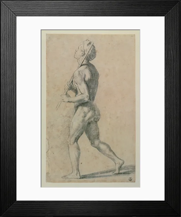 Framed Print : Sanzio Raffaello, Male Nude Walking to the Left with a Stick Resting on his Left Shoulder, 1483 - 1520, 16th Century, pencil on paper, Italy, Tuscany, Florence, Uffizi Gallery