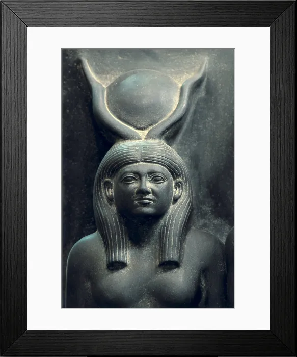 Framed Print : Triad of Menkaure (Mycerinus) with the goddess Hathor and the goddess of the Aphroditopolis nome. 2490 BC. Left detail depicting goddess Hathor