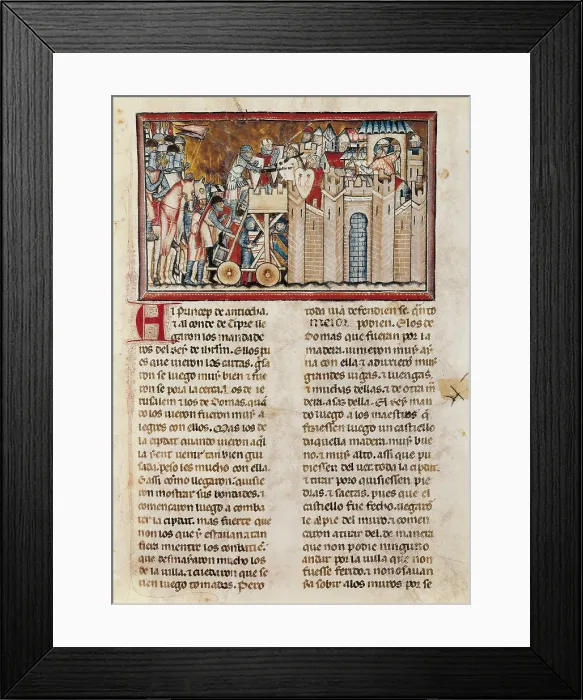 Framed Print : Assault on a castle. Illustration on 'Gran Conquista de Ultramar'. 1291-95 Framed Print : Assault on a castle. Illustration on 'Gran Conquista de Ultramar'. 1291-95