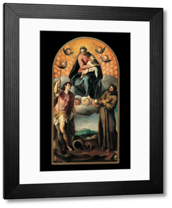 Framed Print : Negretti Jacopo know as Palma the Younger, Madonna and Child in Glory with St George and St Francis, 1620 - 1630, 17th Century, canvas, Italy, Veneto, Badia Polesine, Rovigo