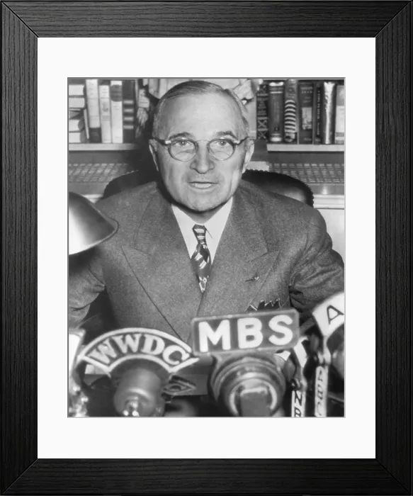Framed Print : President Harry Truman speaking into microphones of radio networks. Ca. 1945-48. - (BSLOC_2014_15_10)