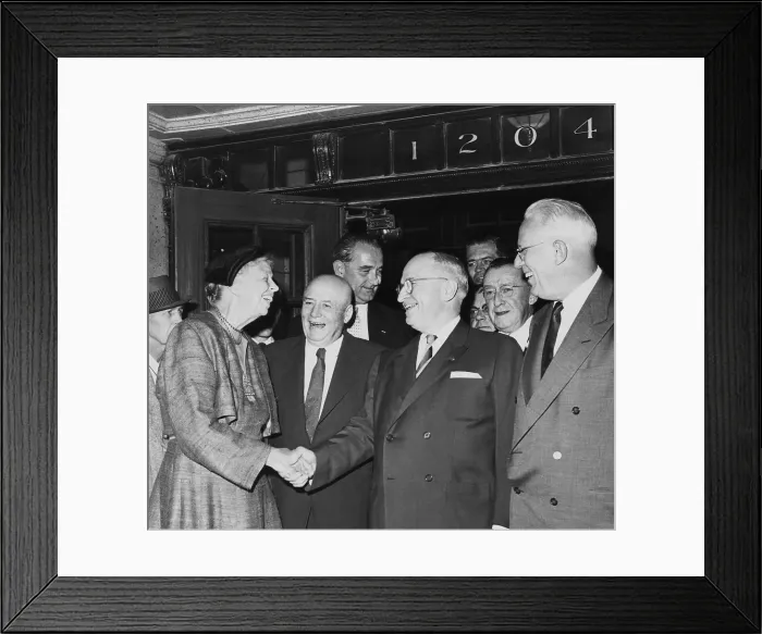 Framed Print : Former President Harry Truman and Eleanor Roosevelt prior to the Truman Library cornerstone ceremony. July 6, 1957. With them are other powerful politicians Framed Print : Former President Harry Truman and Eleanor Roosevelt prior to the Truman Library cornerstone ceremony. July 6, 1957. With them are other powerful politicians
