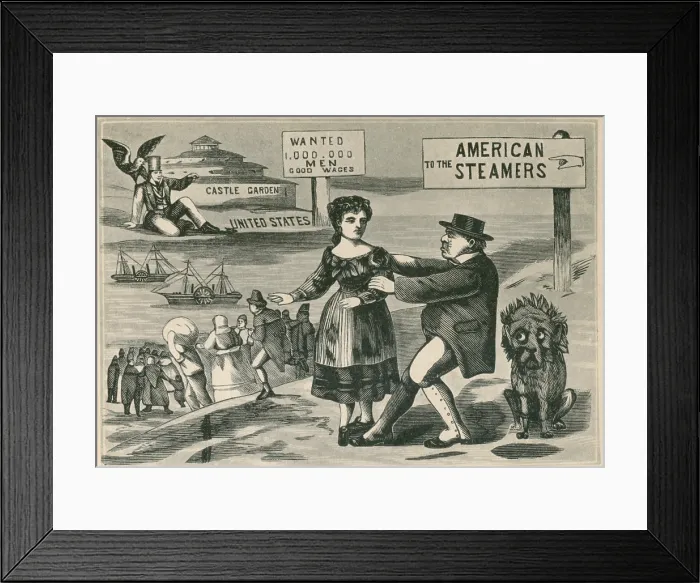 Framed Print : THE LURE OF AMERICAN WAGES. John Bull (personification of England) restrains a female emigrant, heading for steam ships to the United States. In the 1840s and 50's U.S Framed Print : THE LURE OF AMERICAN WAGES. John Bull (personification of England) restrains a female emigrant, heading for steam ships to the United States. In the 1840s and 50's U.S
