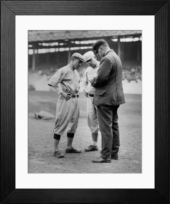 Framed Print : Managers John McGraw, and Miller Huggins, with umpire William T. Brennan, 1913. At the timer, McGraw managed the NY Giants and Huggins managed the Baltimore Orioles Framed Print : Managers John McGraw, and Miller Huggins, with umpire William T. Brennan, 1913. At the timer, McGraw managed the NY Giants and Huggins managed the Baltimore Orioles