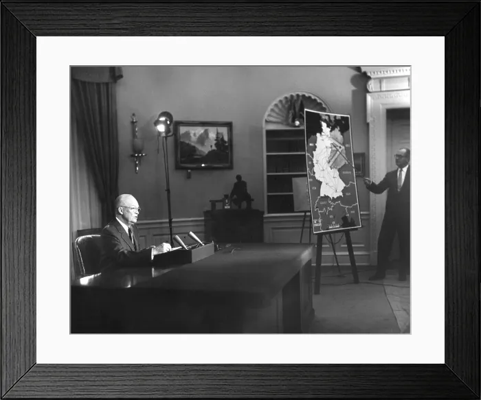 Framed Print : President Eisenhower speaks to the nation on Cold War tensions over Berlin. March 16, 1959. He said he was refusing Soviet Premier Nikita Khrushchev's Nov