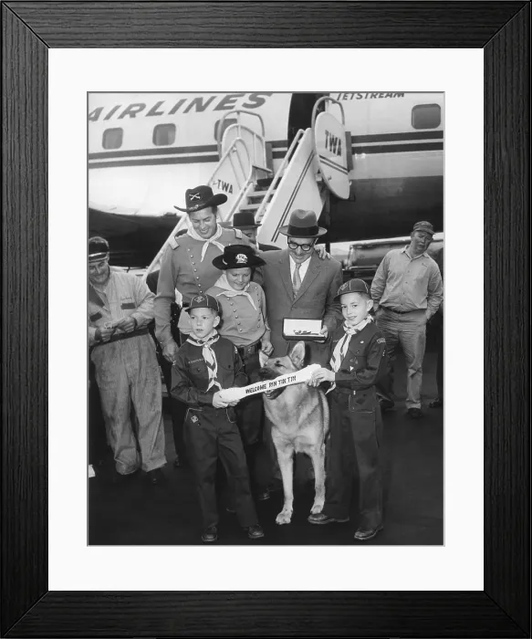 Framed Print : RinTinTin arrives in Washington, D.C. with a group of Boy Scouts on April 9, 1959. - (BSLOC_2014_14_44)