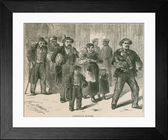 Framed Print : An immigrant runner carrying the child of a newly arrived immigrant family. Runner met newcomers to promote a specific boarding house, employer, or transportation