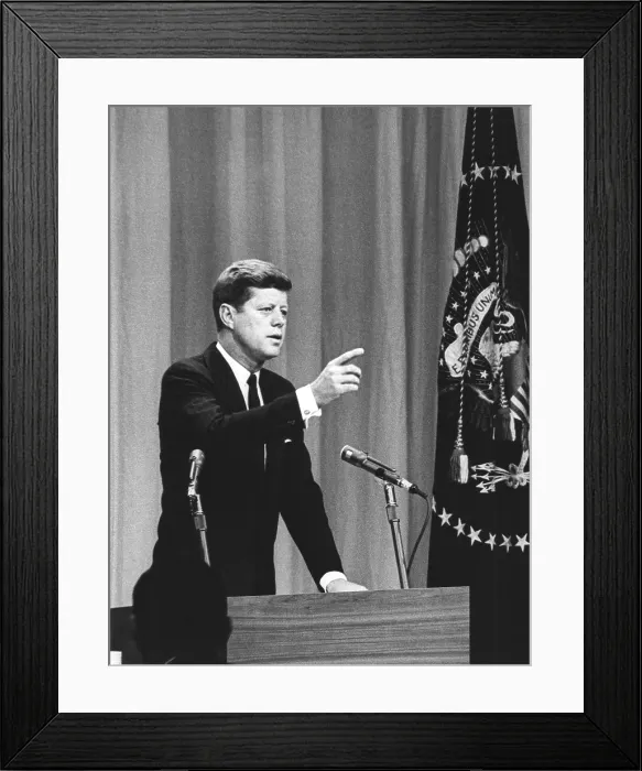 Framed Print : President John Kennedy calls for a question during the first press conference. Jan 25, 1961. It was the first presidential press conference to be televised live Framed Print : President John Kennedy calls for a question during the first press conference. Jan 25, 1961. It was the first presidential press conference to be televised live