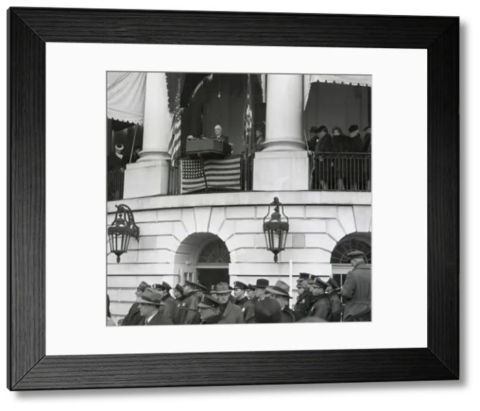 Framed Print : President Franklin Roosevelt at his fourth Inauguration on Jan. 20, 1945. The wartime ceremony took place with little fanfare from the south balcony of the White House