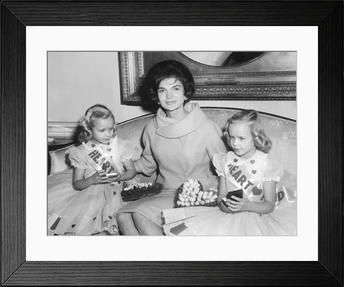 Framed Print : First Lady Jacqueline Kennedy with American Heart Association heart fund twins. The meeting with Donna and Debbie Horst opened the charity's annual fund raising campaign. Feb