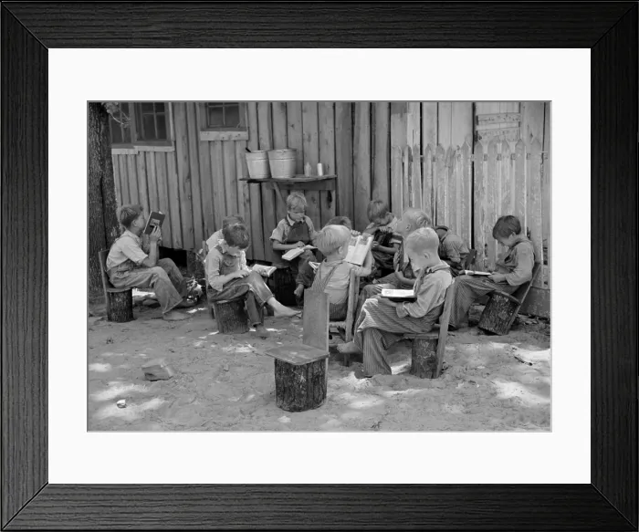 Framed Print : Children on rustic hand made chairs in an outdoor classroom, June 1936 Framed Print : Children on rustic hand made chairs in an outdoor classroom, June 1936