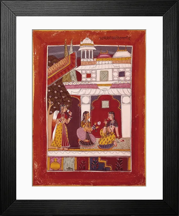 Framed Print : Pataman jari raigini (First spring bloomed branch). In a palace court, a princess is given a lotus flower, the symbol of her lover. Hindu art. Miniature Painting. FRANCE. Paris
