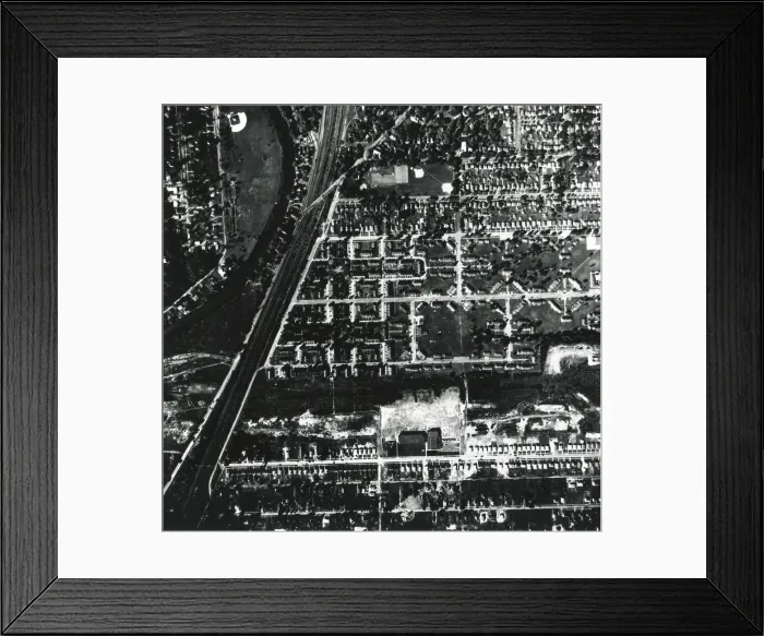 Framed Print : 1956 aerial photograph of Love Canal showing a school and houses built over and near a landfill