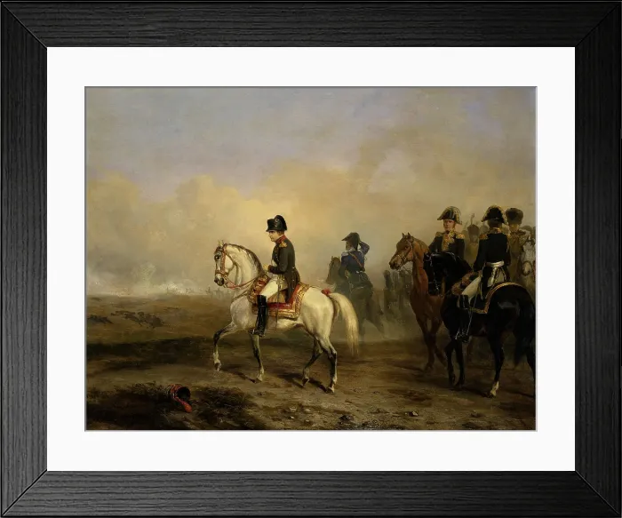 Framed Print : Emperor Napoleon I and his Staff on Horseback, Horace Vernet, c. 1815-50, French oil painting. In the distance is the smoke from a battle of the Napoleonic Wars (BSLOC_2016_2_213)