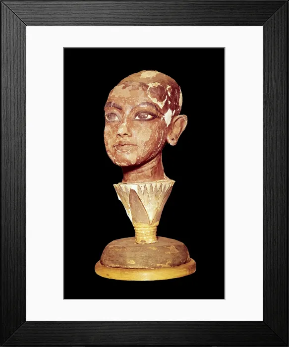Framed Print : The King Tutankhamun on a lotus flower. 1333 - 1323 BC. Portrait of the Pharaoh. Made with stucco and painted wood. Egyptian art. New Kingdom. Sculpture on wood. EGYPT. Cairo Framed Print : The King Tutankhamun on a lotus flower. 1333 - 1323 BC. Portrait of the Pharaoh. Made with stucco and painted wood. Egyptian art. New Kingdom. Sculpture on wood. EGYPT. Cairo