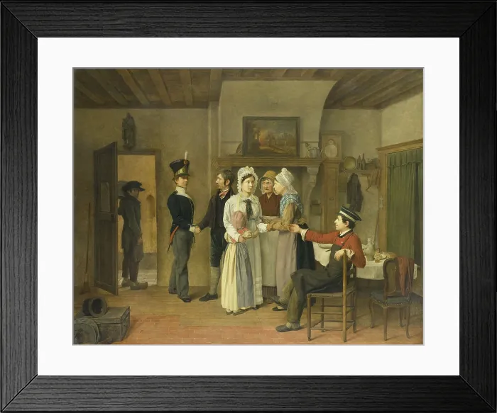 Framed Print : The Soldier's Farewell, by Charles van Beveren, 1828, Dutch painting, oil on panel. Genre painting of soldier saying goodbye to his family (BSLOC_2016_2_206)
