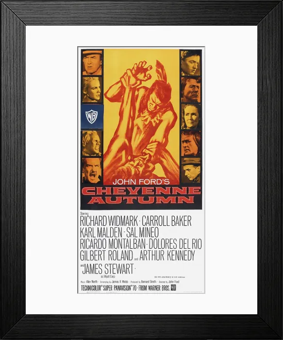 Framed Print : CHEYENNE AUTUMN, US poster art, from top left: James Stewart, Carroll Baker, Richard Widmark, Karl Malden; from top right: Sal Mineo, Ricardo Montalban, Dolores Del Rio