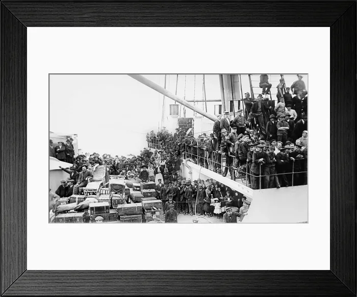 Framed Print : A crowd of European immigrants and their luggage on the THE IMPERATOR, then the world's largest Ocean Liner, arriving in New York Harbor on June 19