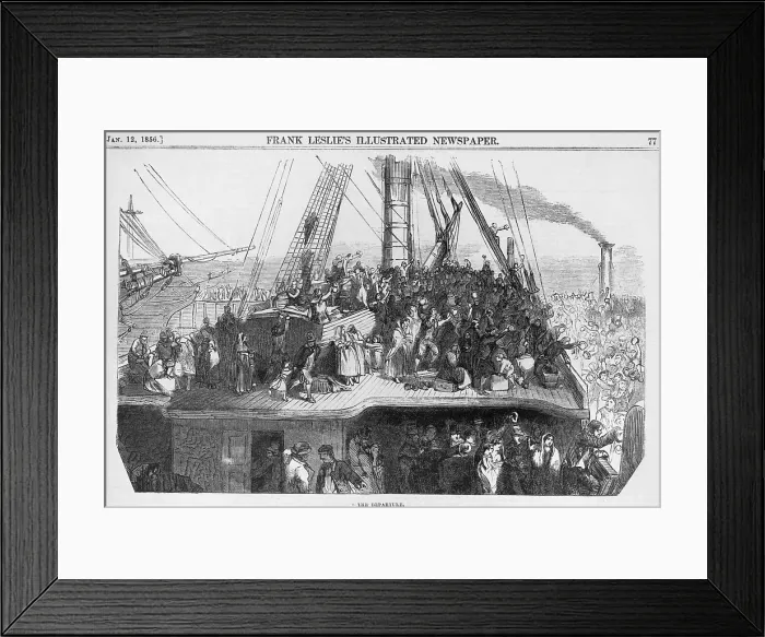 Framed Print : Immigrants waving farewell to crowd on dock, as their ship leaves a Western European port for North America. Wood engravings 1850-1860 Framed Print : Immigrants waving farewell to crowd on dock, as their ship leaves a Western European port for North America. Wood engravings 1850-1860