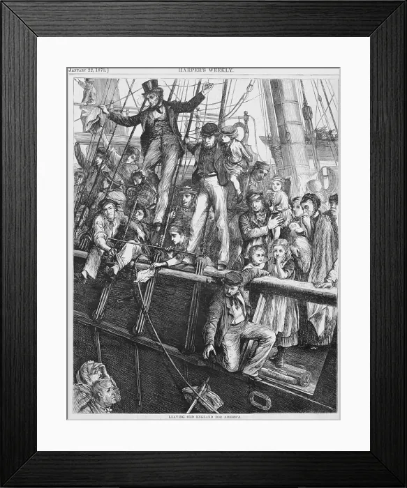 Framed Print : People on a ship deck waving as they depart England for North America. Wood engraving, January 1870
