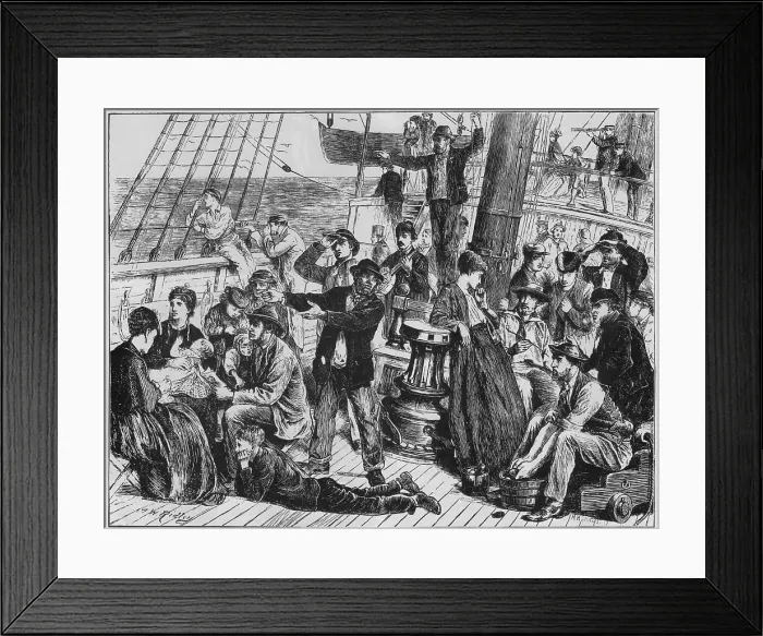 Framed Print : Emigrants on the open deck of an immigrant steamship to Canada, site land after at least two weeks at sea