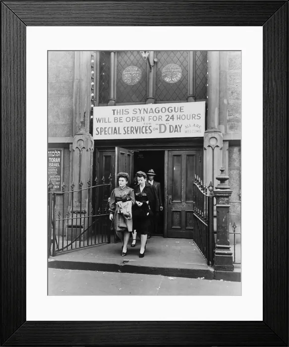 Framed Print : Wives and families of Jewish American GIs leave a New York City synagogue on West Twenty-third Street, which was open all day on D-Day, June 6, 1944