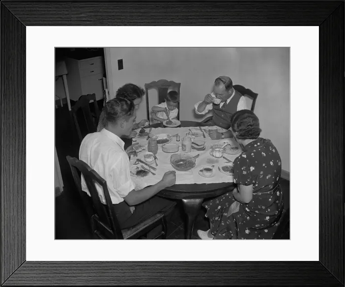 Framed Print : Family dinner in Greenbelt, Maryland, federally subsidized community, Dec. 1937. The modest meal which includes white bread and beans served on small plates. (BSLOC_2013_8_79) Framed Print : Family dinner in Greenbelt, Maryland, federally subsidized community, Dec. 1937. The modest meal which includes white bread and beans served on small plates. (BSLOC_2013_8_79)