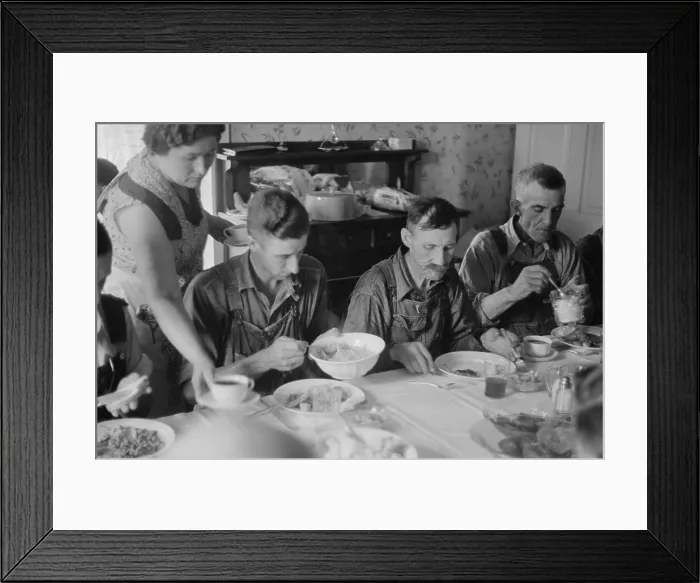 Framed Print : Farm workers dinner during wheat harvest time, central Ohio, Aug, 1938. The meal includes white bread, pureed vegetables, and fruit. (BSLOC_2013_8_80) Framed Print : Farm workers dinner during wheat harvest time, central Ohio, Aug, 1938. The meal includes white bread, pureed vegetables, and fruit. (BSLOC_2013_8_80)