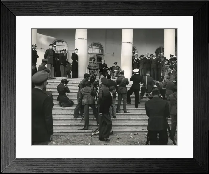 Framed Print : Joseph Stalin, Franklin Roosevelt, and Winston Churchill at WW2 Teheran Conference. The broad view shows important attendees including Generals Marshall and Eisenhower on left
