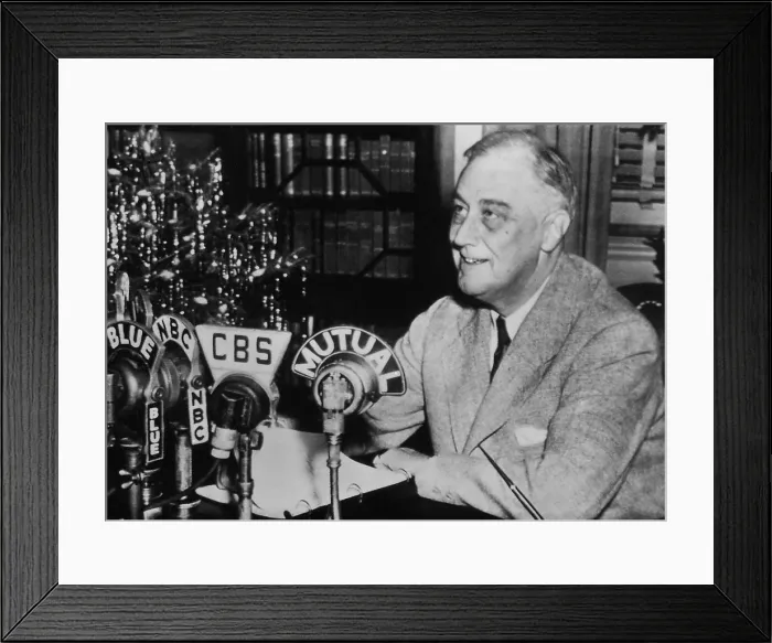 Framed Print : Franklin Roosevelt in Fireside Chat reporting on the WW2 Teheran and Cairo Conferences. Dec. 1943. The radio address was delivered at Hyde Park on Christmas Eve, 1943