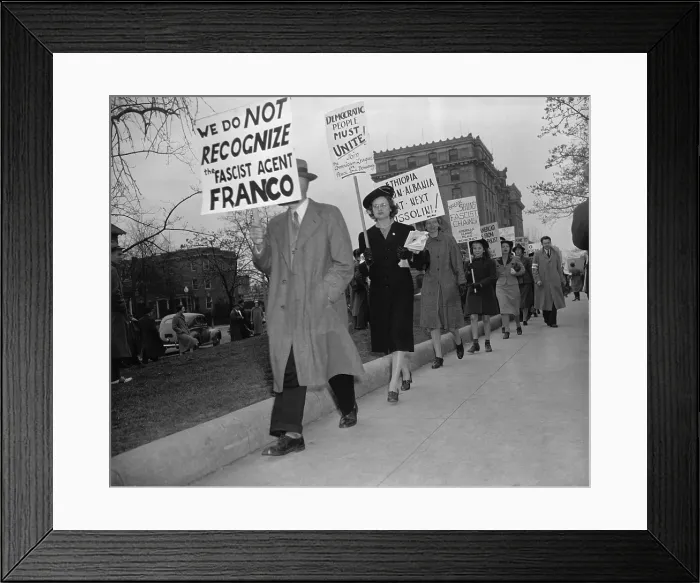 Framed Print : Italian Embassy picketed by peace-democracy group, April 8, 1939. The group protested Fascist and Nazi conquests and establishment of various protectorates in Europe