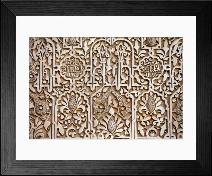 Framed Print : Alhambra. SPAIN. Granada. Alhambra. Nazari Palace. Comares Palace. Court of the Myrtles. Detail of decoration stucco. Hispano-Moresque art. Nasrid dynasty. Architecture