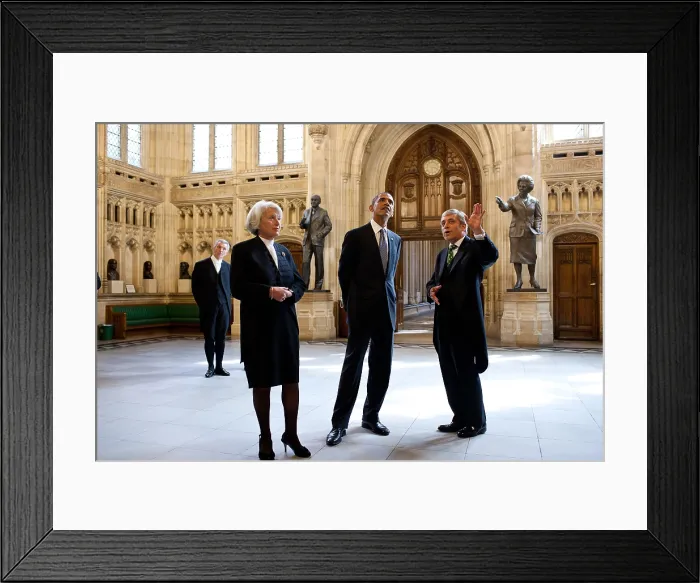 Framed Print : President Barack Obama tours the House of Commons Members Lobby at Parliament in London. Commons Speaker John Bercow, and Lords Speaker Baroness Haymanare his guides