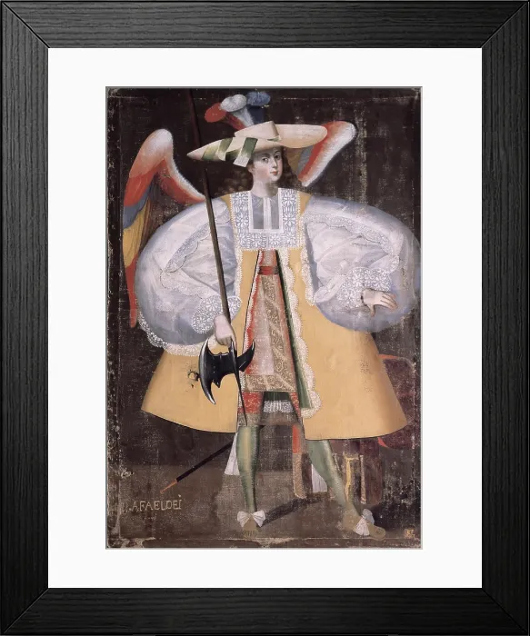 Framed Print : BOLIVIA. Calamarca. Parish Church. Rafael Dei, angel 'arcabucero' (dressed in militar clothing) armed with an axe, made for parish church of La Paz, 17th century Framed Print : BOLIVIA. Calamarca. Parish Church. Rafael Dei, angel 'arcabucero' (dressed in militar clothing) armed with an axe, made for parish church of La Paz, 17th century