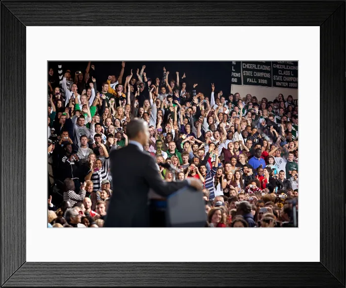 Framed Print : Audience cheers as President Barack Obama delivers remarks on the American Jobs Act. Manchester, N.H. Nov. 22, 2011. (BSLOC_2015_3_21) Framed Print : Audience cheers as President Barack Obama delivers remarks on the American Jobs Act. Manchester, N.H. Nov. 22, 2011. (BSLOC_2015_3_21)