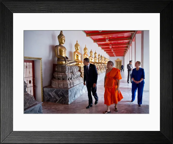 Framed Print : President Barack Obama and Secretary Hillary Clinton tour Wat Pho Royal Monastery. Chaokun Suthee Thammanuwat is their guide. Bangkok, Thailand, Nov. 18, 2012. (BSLOC_2015_3_207) Framed Print : President Barack Obama and Secretary Hillary Clinton tour Wat Pho Royal Monastery. Chaokun Suthee Thammanuwat is their guide. Bangkok, Thailand, Nov. 18, 2012. (BSLOC_2015_3_207)