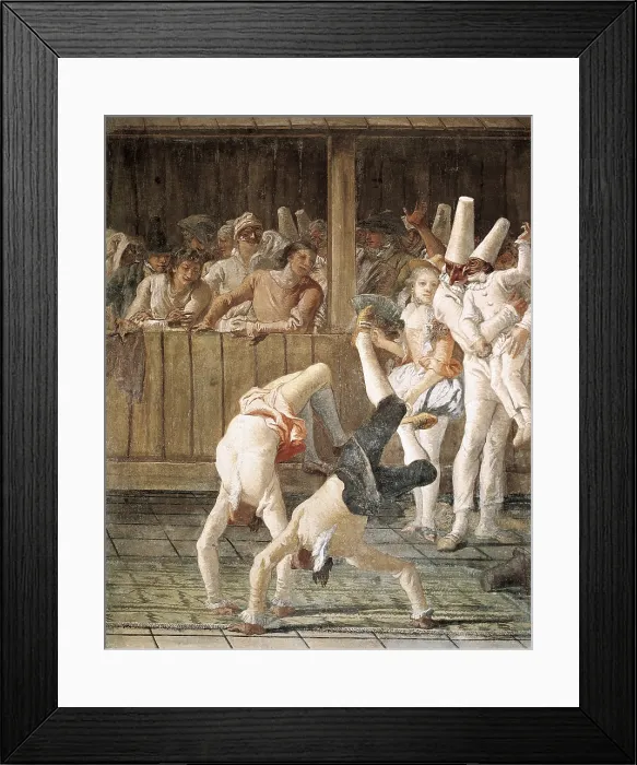 Framed Print : TIEPOLO, Giovanni Domenico (1727-1804). Pulcinella and the Tumblers. 1797. Fresco gone on to canvas proceeding from Villa Tiepolo in Zianigo. Rococo. Painting. ITALY. Venice