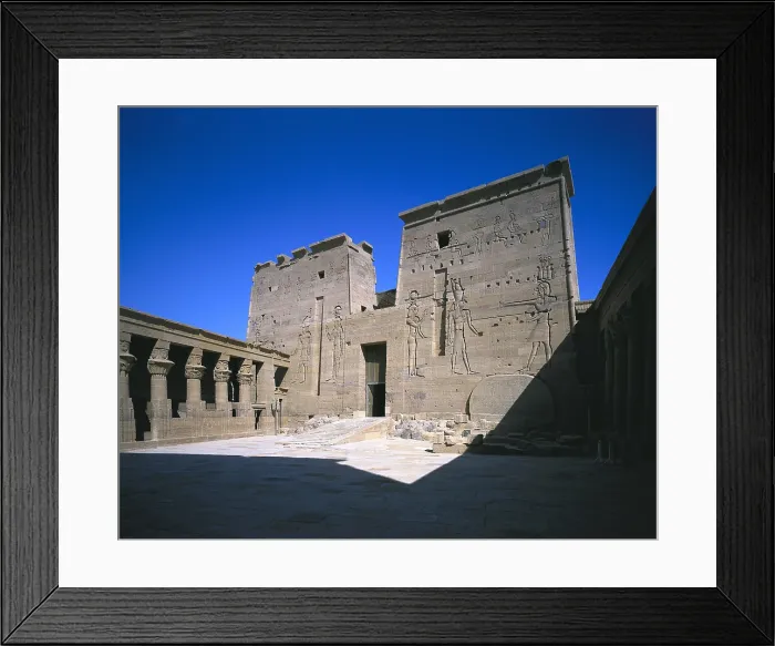 Framed Print : Temple of Isis. EGYPT. ASWAN. Philae. Second pylon of the temple. Representation of pharaoh Ptolomy XII making offerings to Hathor and Horus. Egyptian art. Ptolemaic period