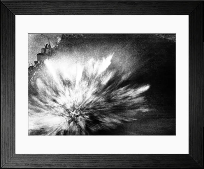 Framed Print : A Japanese bomb explodes on the flight deck of the USS Enterprise, Aug. 24, 1942