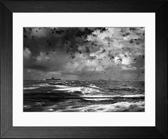 Framed Print : A Japanese bomb splashes near of the USS Enterprise during the Battle of Santa Cruz Island. Oct. 26, 1942 (BSLOC_2013-12_155)