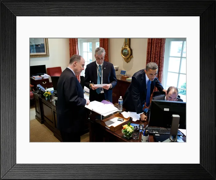 Framed Print : President Obama works on a speech about the Middle East with National Security staff. May 19, 2011. L-R: Nat'l Security Advisor Tom Donilon; Dep. Nat