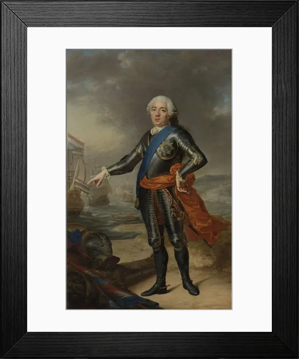 Framed Print : Portrait of William IV, Jacques-Andr-Joseph Aved, 1751, Dutch painting, oil on canvas. Prince of Orange-Nassau in armor in a coastal landscape, with ships in the background