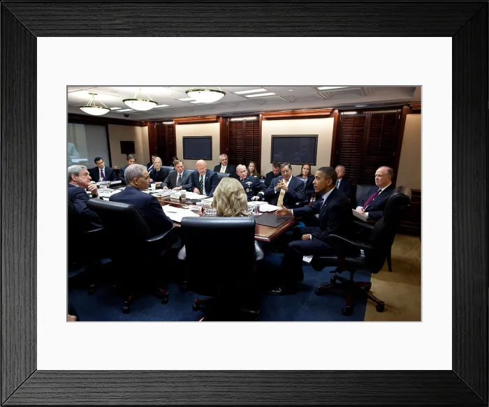 Framed Print : President Barack Obama meets with members of his National Security team in the Situation Room. White House, Oct. 11, 2011
