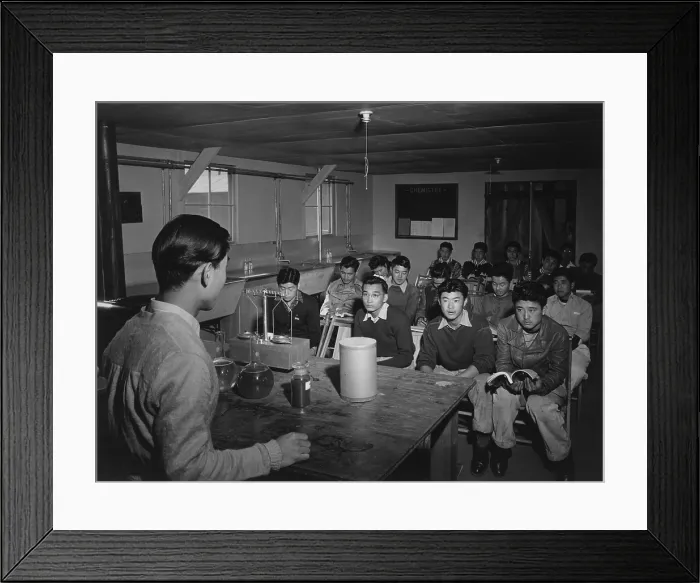 Framed Print : High school students seated in a classroom laboratory watching instructor at Manzanar War Relocation Center. 1943 photograph by Ansel Adams Framed Print : High school students seated in a classroom laboratory watching instructor at Manzanar War Relocation Center. 1943 photograph by Ansel Adams
