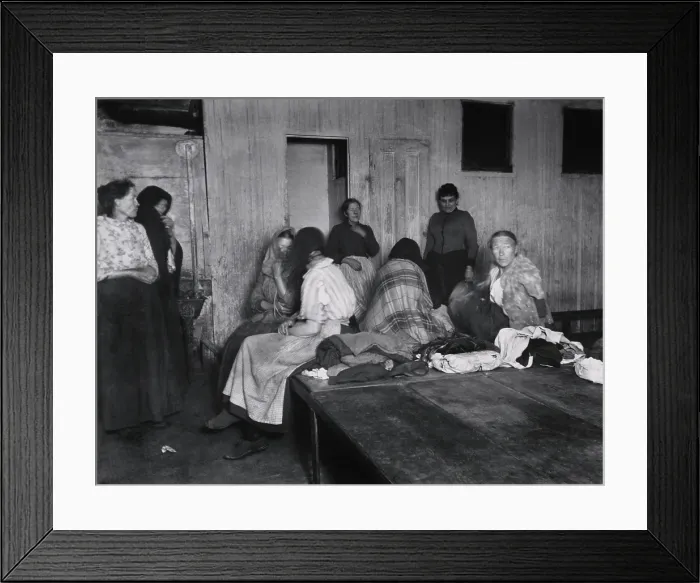 Framed Print : ELDRIDGE STREET POLICE STATION LODGERS, by Jacob Riis, c. 1890. Homeless women sit on plank beds where the lucky ones will sleep above the floor (BSLOC_2018_1_104)