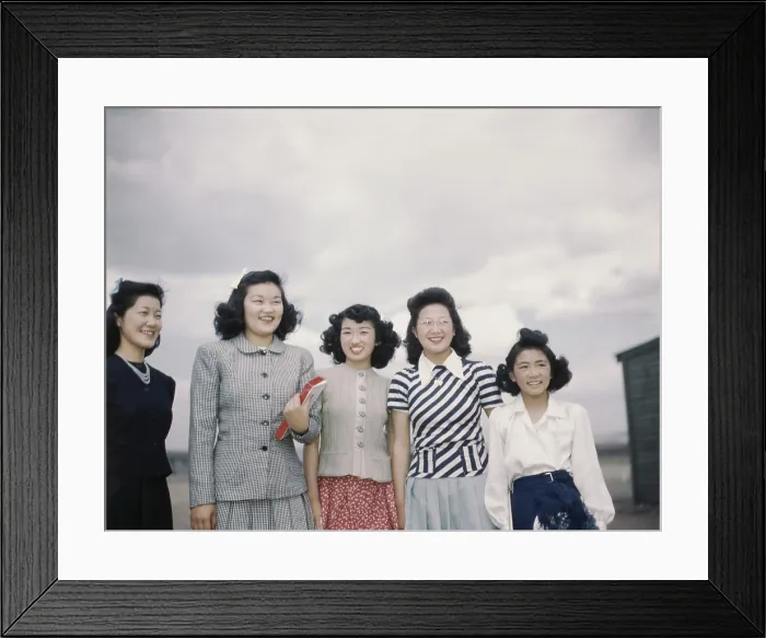 Framed Print : Five smiling Japanese American women internees at Tule Lake Relocation Center during World War II