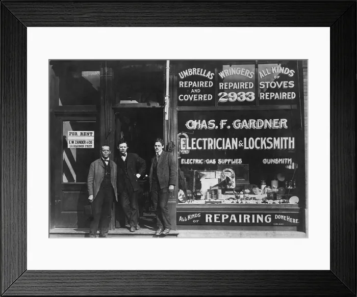 Framed Print : Storefront of Chas. F. Gardner Electrician and Locksmith at 2933 State Street, Chicago, Illinois. Three men stand at the entrance to the only Negro store of its kind, c. 1899 Framed Print : Storefront of Chas. F. Gardner Electrician and Locksmith at 2933 State Street, Chicago, Illinois. Three men stand at the entrance to the only Negro store of its kind, c. 1899