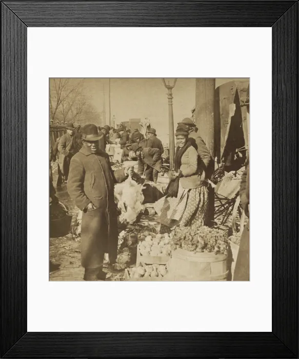 Framed Print : African American women at outdoor farmers market selling vegetables in Washington, D.C. An African American man in foreground holds a fine dead chicken, c. 1889 (BSLOC_2017_20_97) Framed Print : African American women at outdoor farmers market selling vegetables in Washington, D.C. An African American man in foreground holds a fine dead chicken, c. 1889 (BSLOC_2017_20_97)