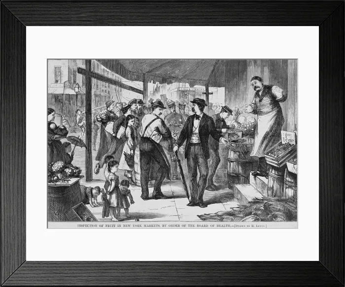 Framed Print : Inspector from the New York City Board of Health examining the stock of a small grocery store in one of New York City's poorer neighborhoods. 1873 wood engraving Framed Print : Inspector from the New York City Board of Health examining the stock of a small grocery store in one of New York City's poorer neighborhoods. 1873 wood engraving