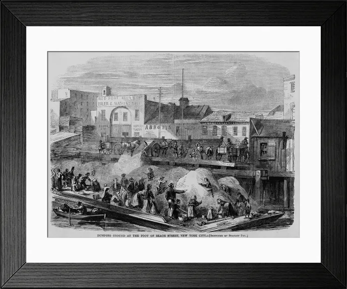 Framed Print : Poor people scavenging garbage dump looking for rags, coal, and bones, on a barge docked at the foot of Beach Street, New York City